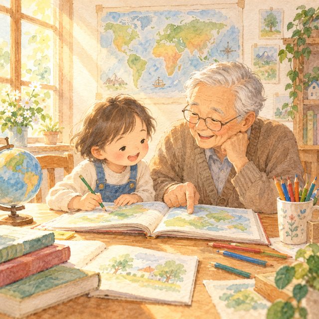 子どもと高齢者が本を広げて一緒に学んでいる水彩イラスト