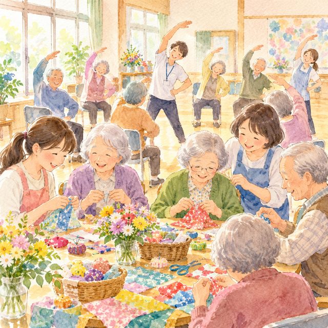 公民館でボランティアと地域の人が一緒に活動している水彩イラスト