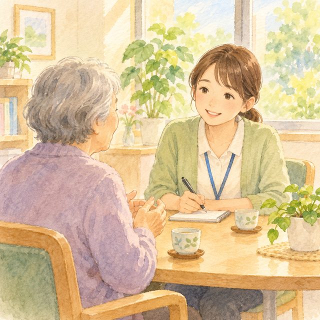 相談窓口で職員が来訪者の話を聞いている水彩イラスト