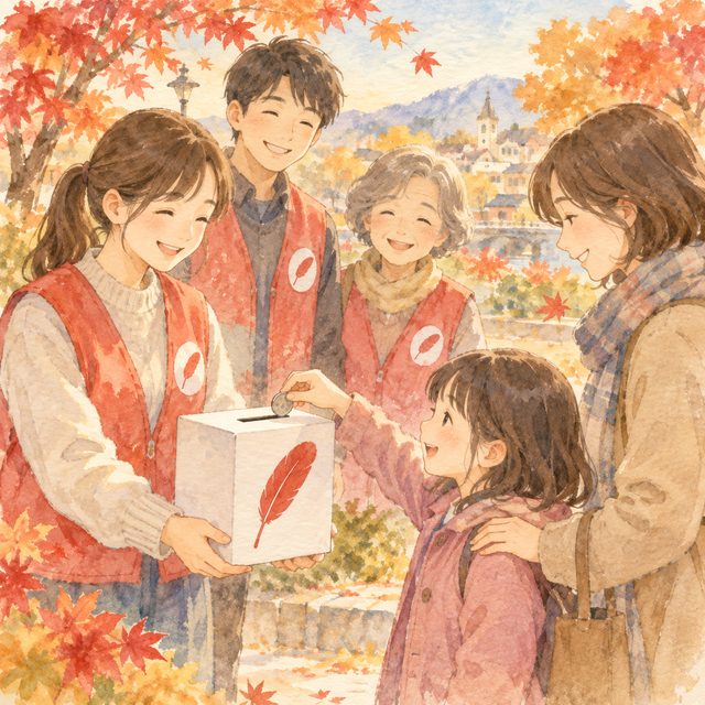 赤い羽根募金箱と紅葉