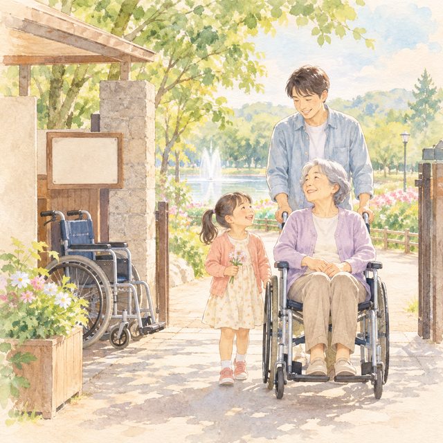車いすの一時貸出しのイメージ水彩イラスト