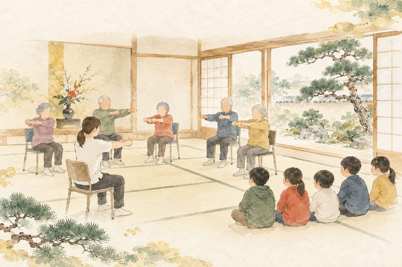 和室で百歳体操をする高齢者と見学する子どもの淡彩イラスト