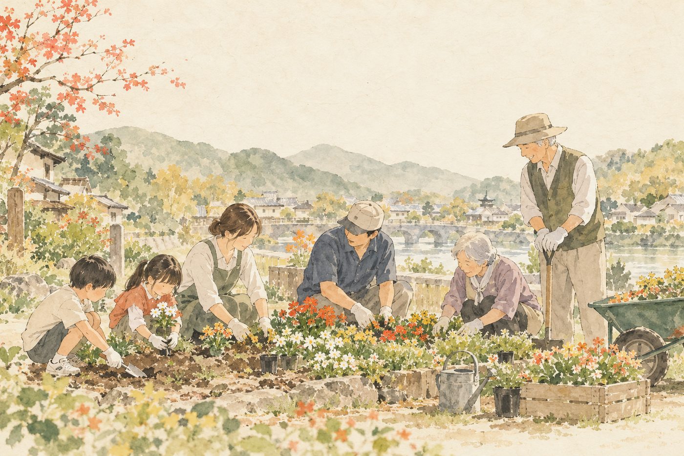 世代の違う人々が花を植える淡彩イラスト