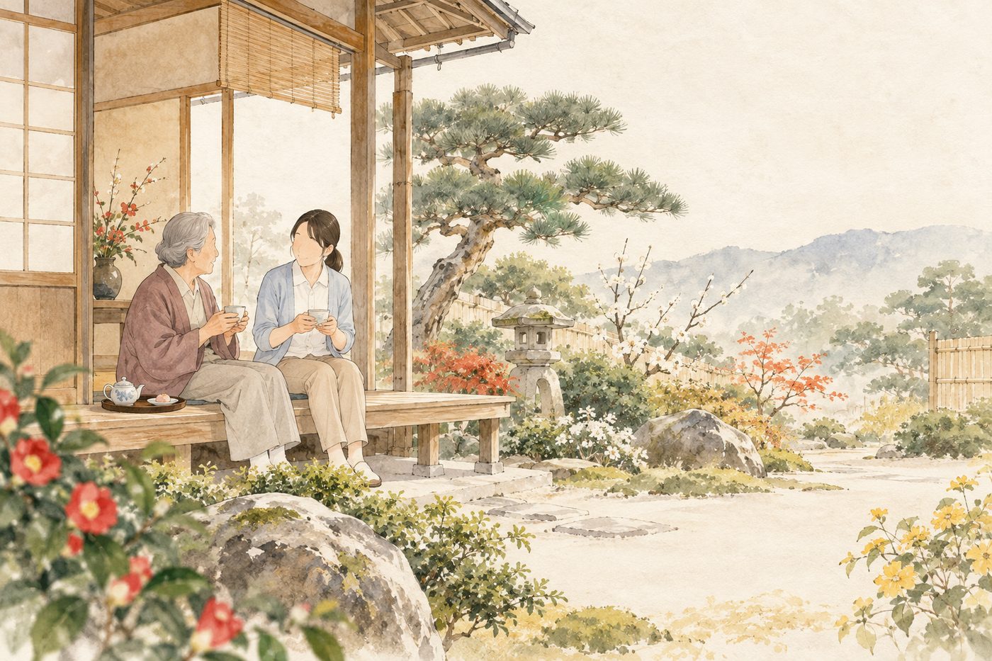 縁側で高齢の方と相談員が話す淡彩イラスト