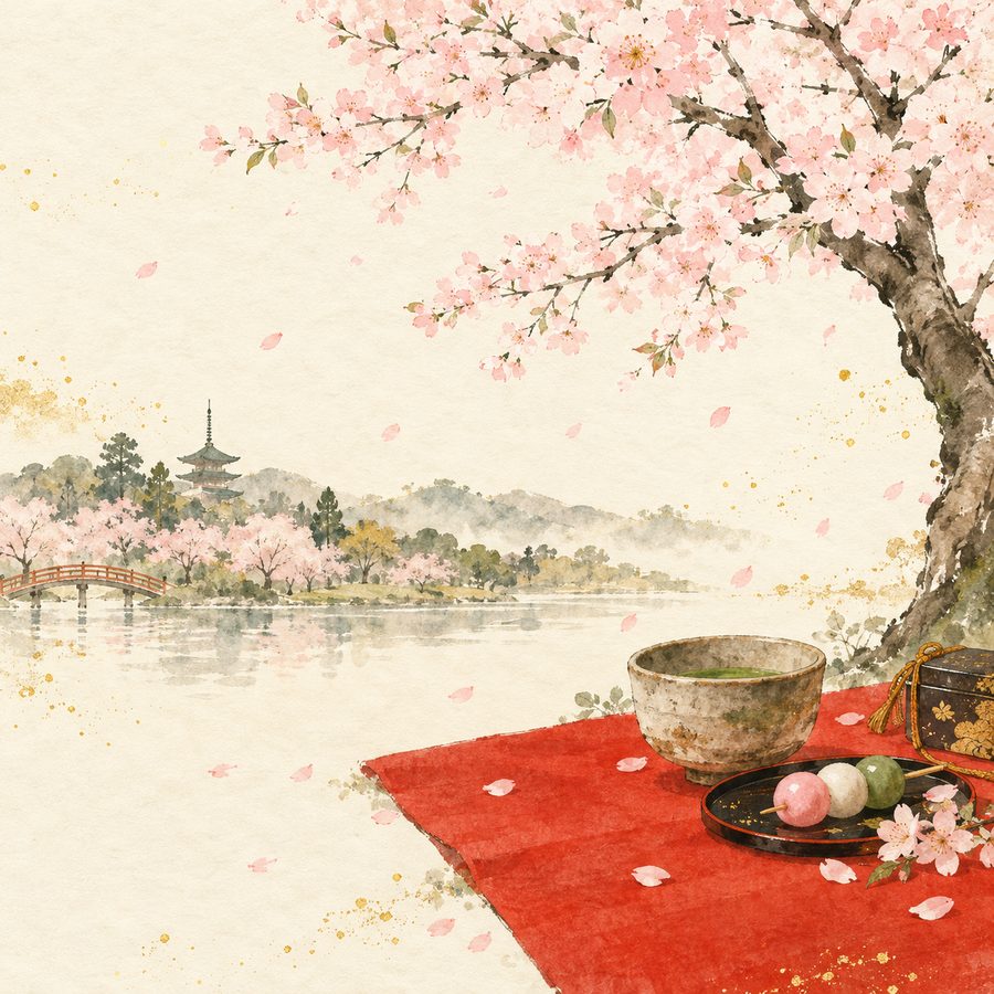 桜の下でお茶とお団子をいただく淡彩イラスト