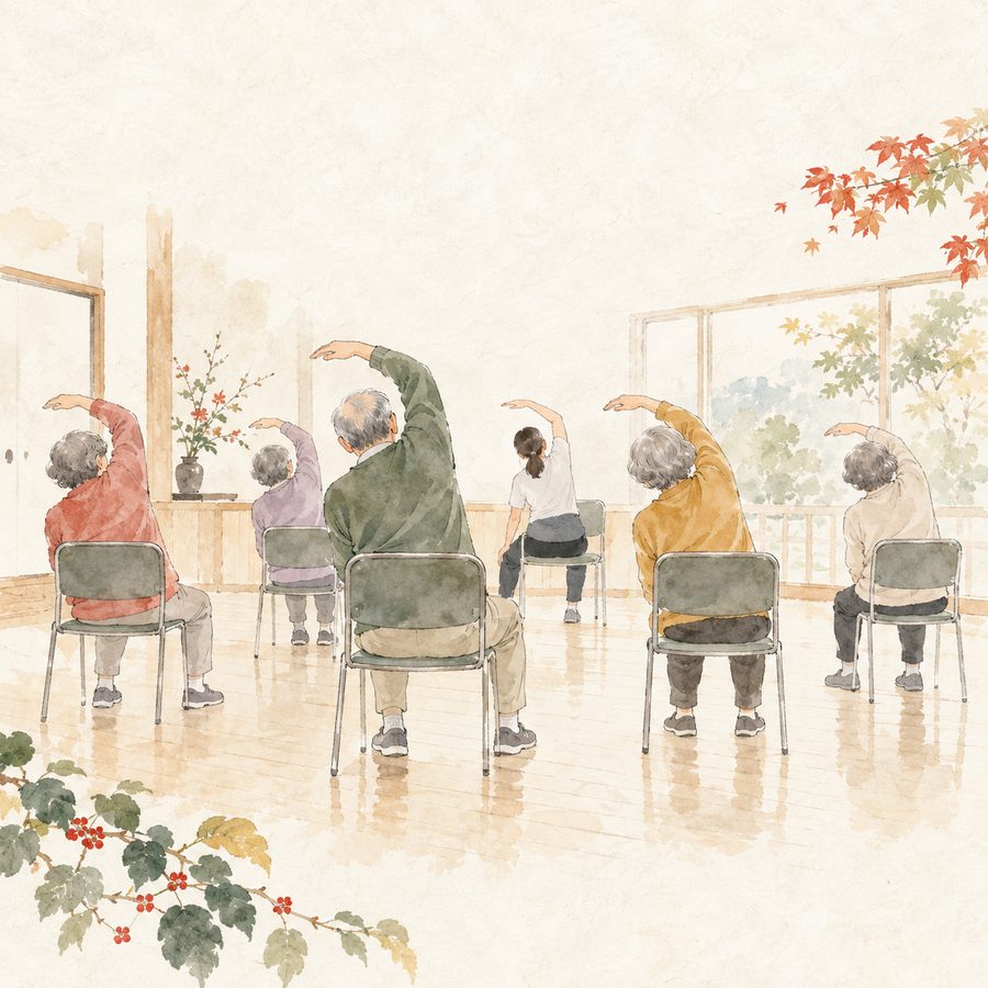 公民館で体操する高齢者たちの淡彩イラスト