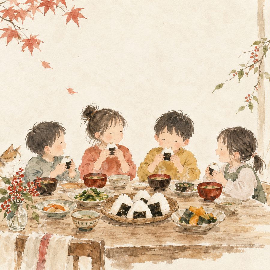 子ども食堂の食卓の淡彩イラスト