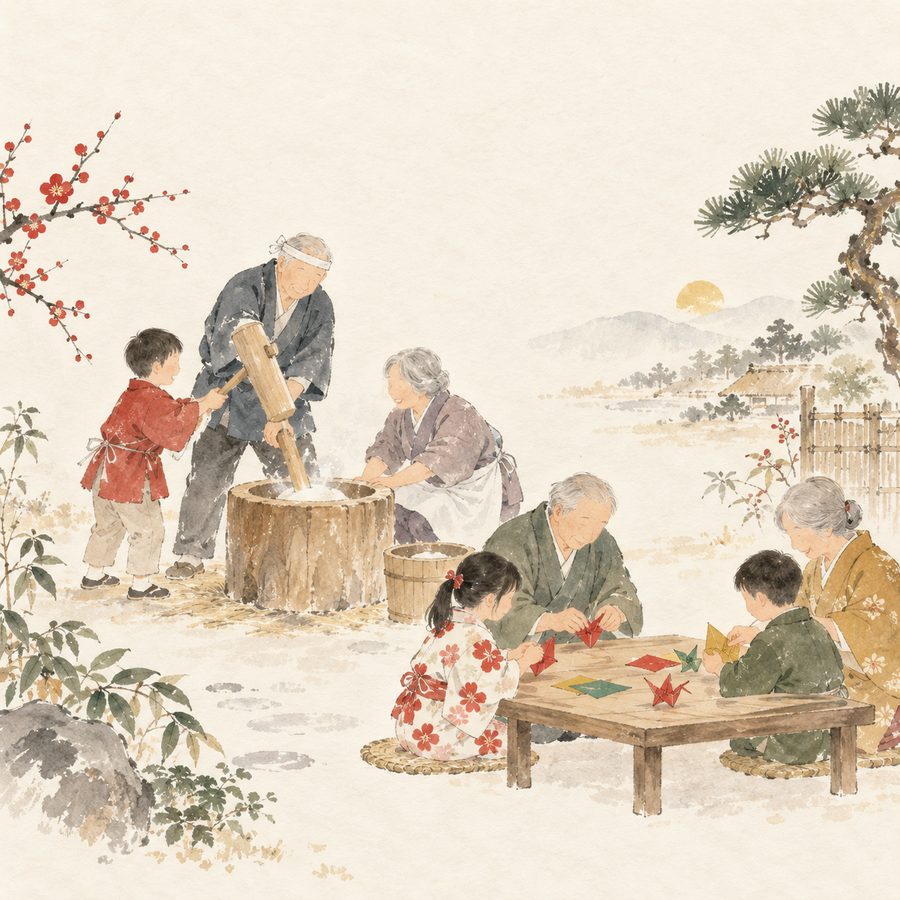 子どもと高齢者の世代交流の淡彩イラスト