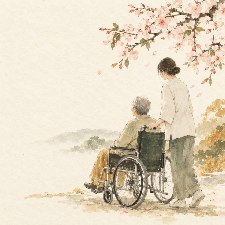 車いすの一時貸出しを表す淡彩イラスト