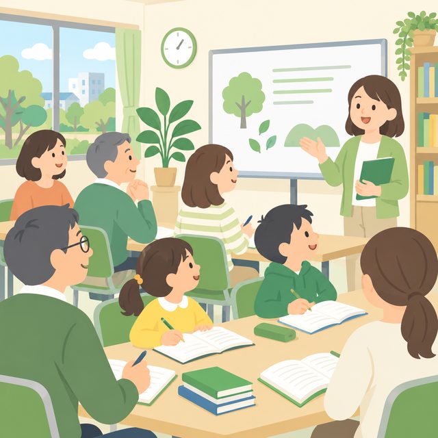 大人と子どもが一緒に講座を聞くイラスト