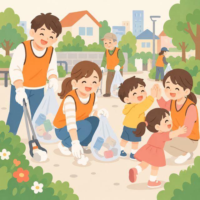 ビブスを着たボランティアが地域の人と交流するイラスト