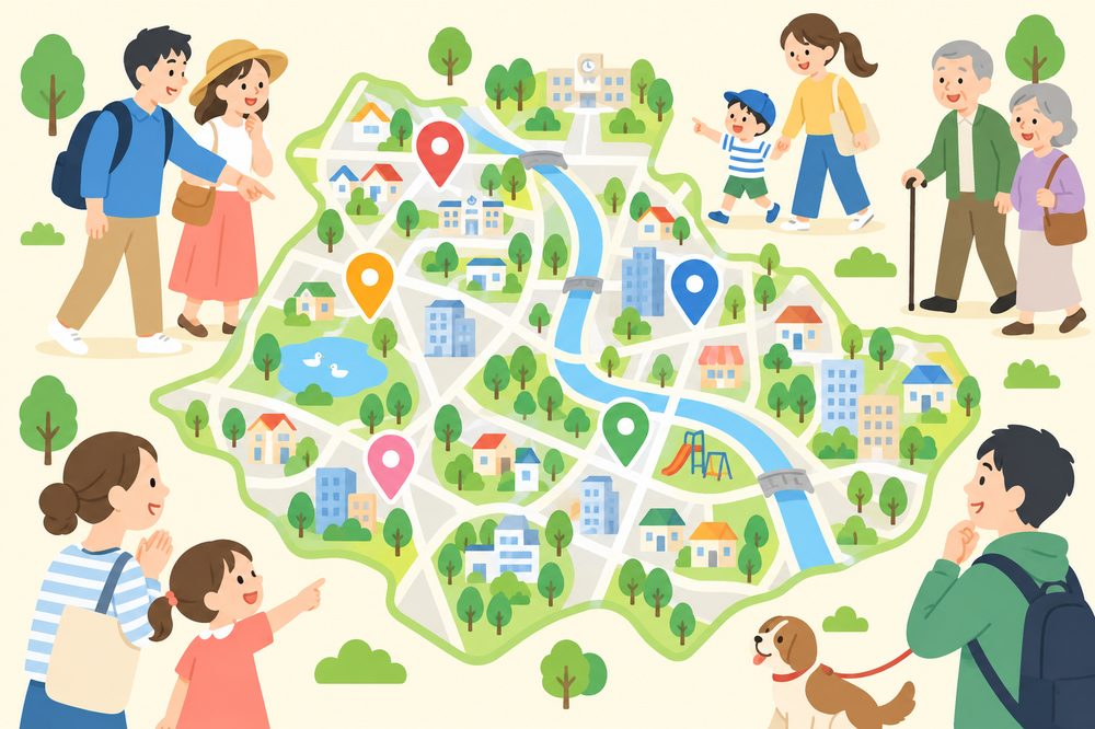 ピンの立った街の地図と散歩する人々のイラスト