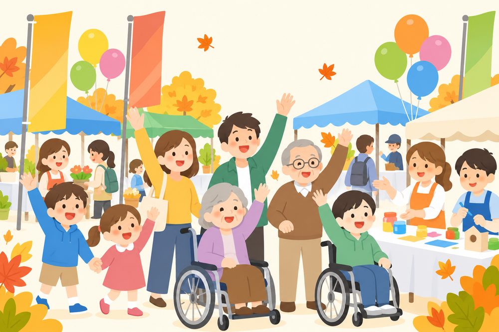 さまざまな世代が手を挙げて参加する体験会のイラスト