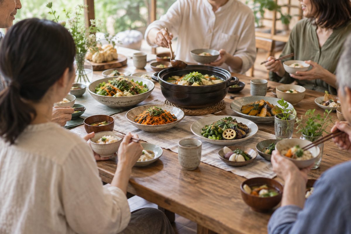 大きな木のテーブルを囲む地域サロンの食事風景