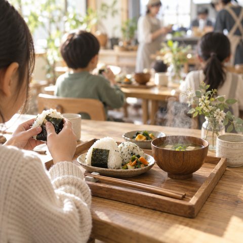 湯気の立つおにぎりと味噌汁