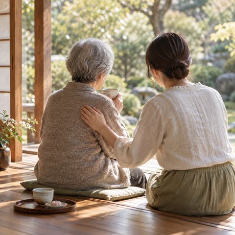 ゆったり寄り添う手と湯のみ
