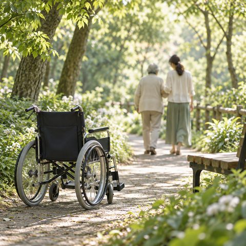 公園の小道に置かれた車いす
