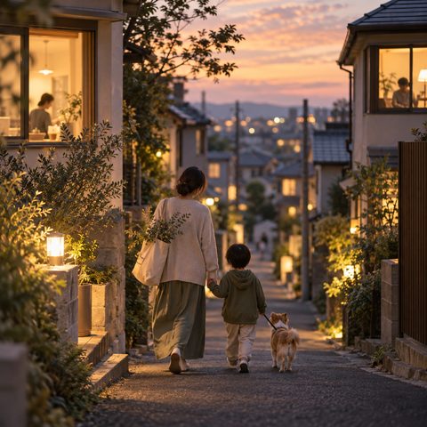 夕暮れの住宅街に灯る明かり