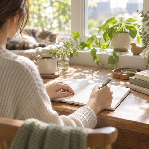 窓辺の観葉植物と手帳